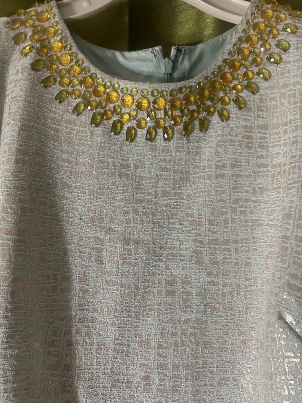 Maggy London Pale Blue Shift Dress with Gold Beaded Neckline - Picture 3 of 7